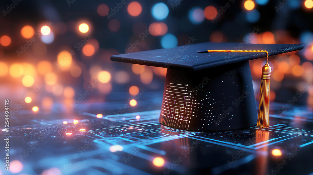 Poster graduation cap symbolizes achievement and knowledge, set against backdrop of futuristic technology a