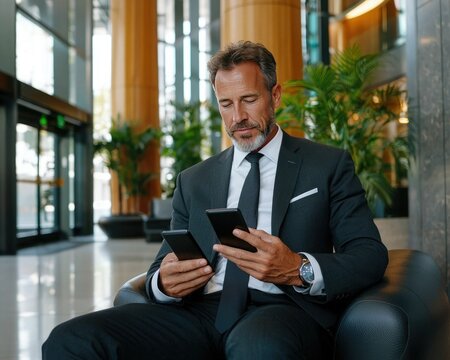 A well-dressed man sits in a modern lobby, comparing two smartphones while surrounded by greenery and sleek architectural elements.