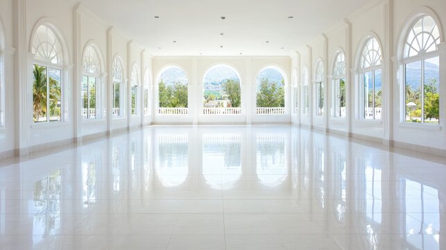 Bright, spacious hall with arched windows, scenic view. Ideal for events