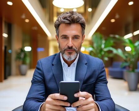 A well-dressed man with a beard sits in a modern indoor space, focused on his smartphone, surrounded by greenery and stylish decor.