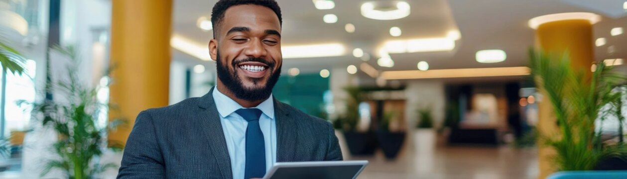 A smiling man in a suit holds a tablet, exuding confidence and professionalism in a modern, well-lit office environment filled with greenery.
