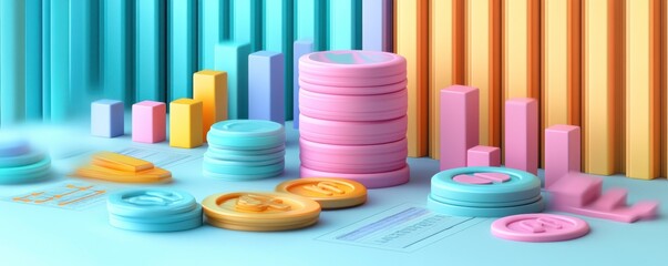 A vibrant arrangement of colorful coins and bar graphs representing financial growth and data analysis in a playful, modern aesthetic.