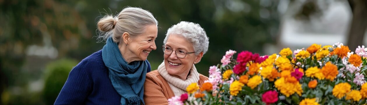 Two smiling elderly women share a joyful moment in a garden filled with vibrant flowers, exuding warmth and friendship.