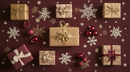 holiday gift collection, brown paper shopping bag with snowflake pattern, wrapped presents with bows, white glitter snowflakes, red glass ornaments, golden ribbon accents, burgundy backdrop, overhead