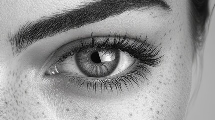 Obraz premium A Striking Monochrome Close-Up of a Woman's Eye, Highlighting Intricate Details of Lashes, Eyebrow, Skin Texture, and Freckles, Emphasizing Natural Beauty.