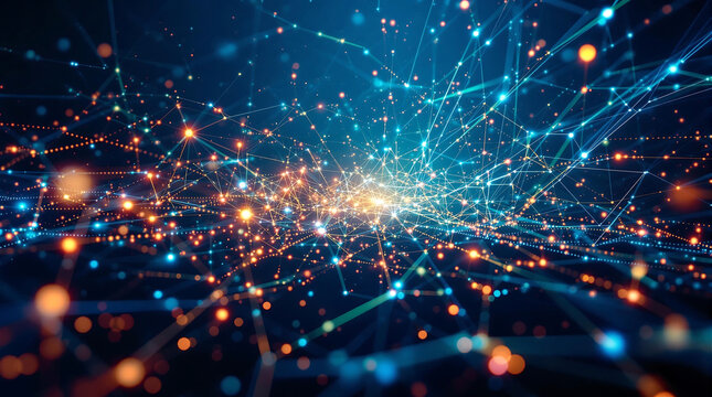 Abstract network visualization with glowing nodes and connecting lines. Represents data, communication, technology, or global connections. Suitable for backgrounds, tech articles, and futuristic conce