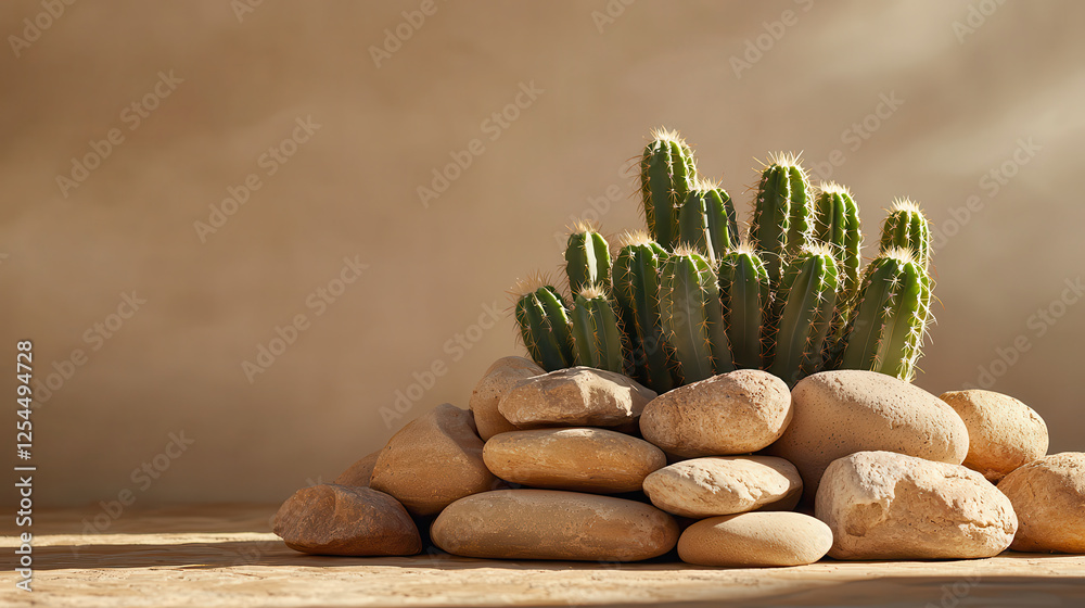 Poster group of large cacti with dark green smooth stalks surrounded by smooth stones creates serene desert