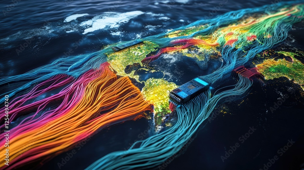 Poster global data flow mapping with colorful lines and digital devices