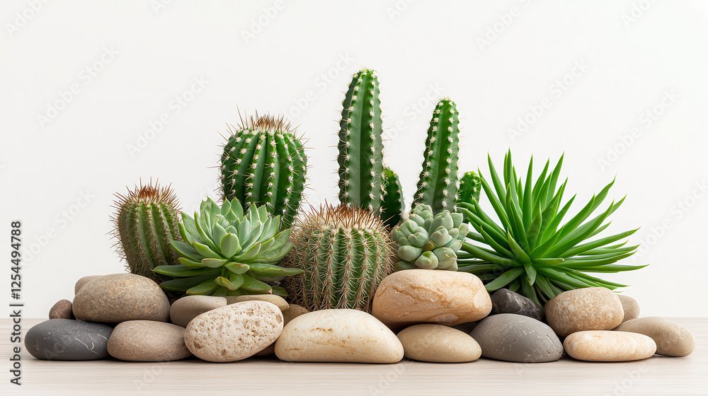Poster group of large cacti with dark green smooth stalks and various succulents arranged on wooden surface, surrounded by smooth stones, creating serene and natural display