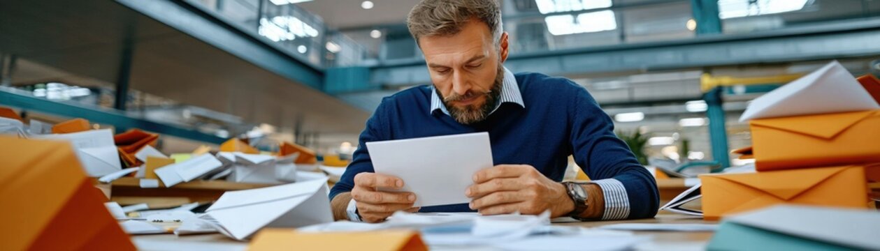 A focused man examines a document amid a clutter of envelopes and papers in a spacious office environment.