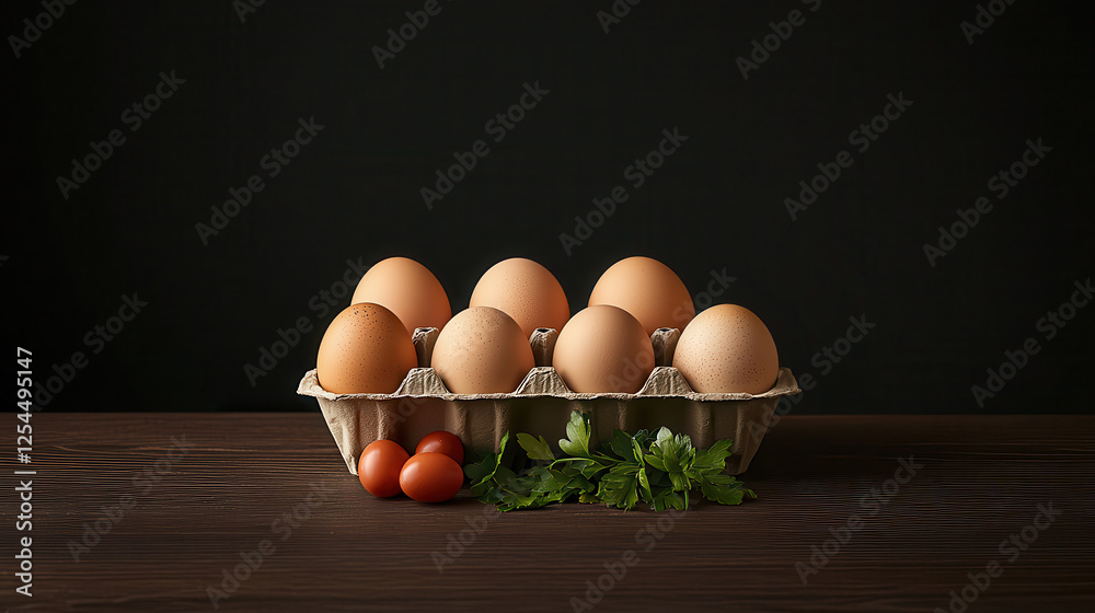 Poster fresh eggs in carton with herbs and cherry tomatoes on wooden table, creating rustic and inviting ki