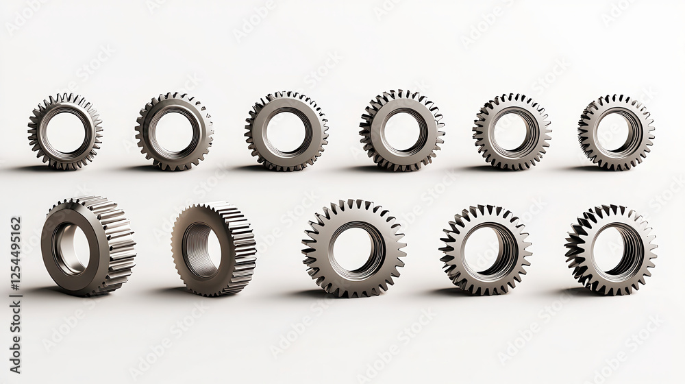 Aufkleber high quality 3d image of 12 reflective metal gears arranged in row, showcasing intricate designs and