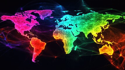 Colorful Neon Map of the World with Digital Connections and Lights