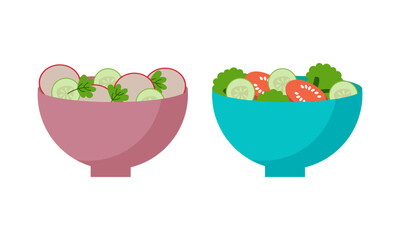 Flat vector set of vegetables and fruit salads. Consuming dishes from fresh products