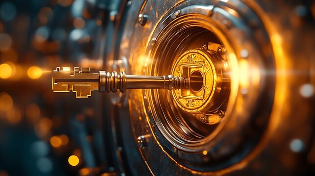 Elegant golden key inserted into a vault door discounts softly glowing around it