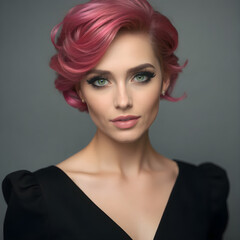 Fototapeta premium Mujer con cabello rosa en ondas y maquillaje con mucho delineador