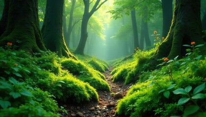 Obraz premium Emerald forest floor covered in moss and ferns, wildflowers, shaded areas