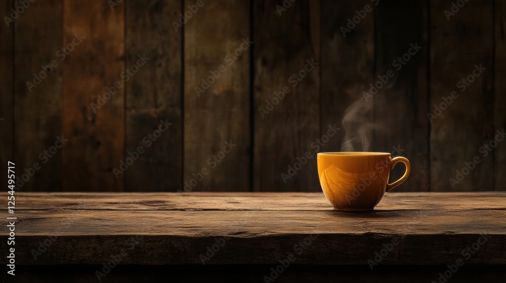 Aufkleber warm coffee cup with rising steam on rustic wooden table in cozy setting. generative ai
