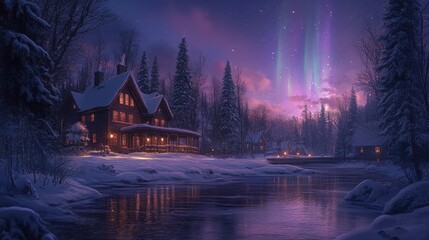 Fototapeta premium Winter cabin aurora borealis snowy river