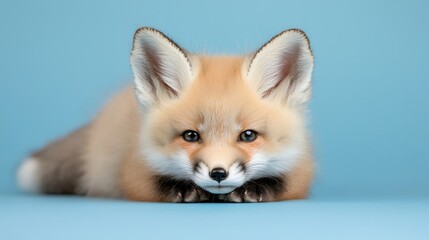 Obraz premium Adorable red fox kit against a light blue background. Possible use Children's book illustrations, educational materials