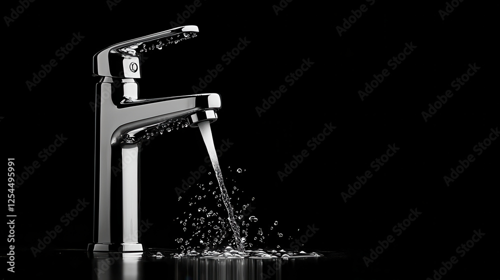 Aufkleber shiny chrome faucet with flowing water, creating dynamic splash against dark background. sleek design highlights modern aesthetics and functionality