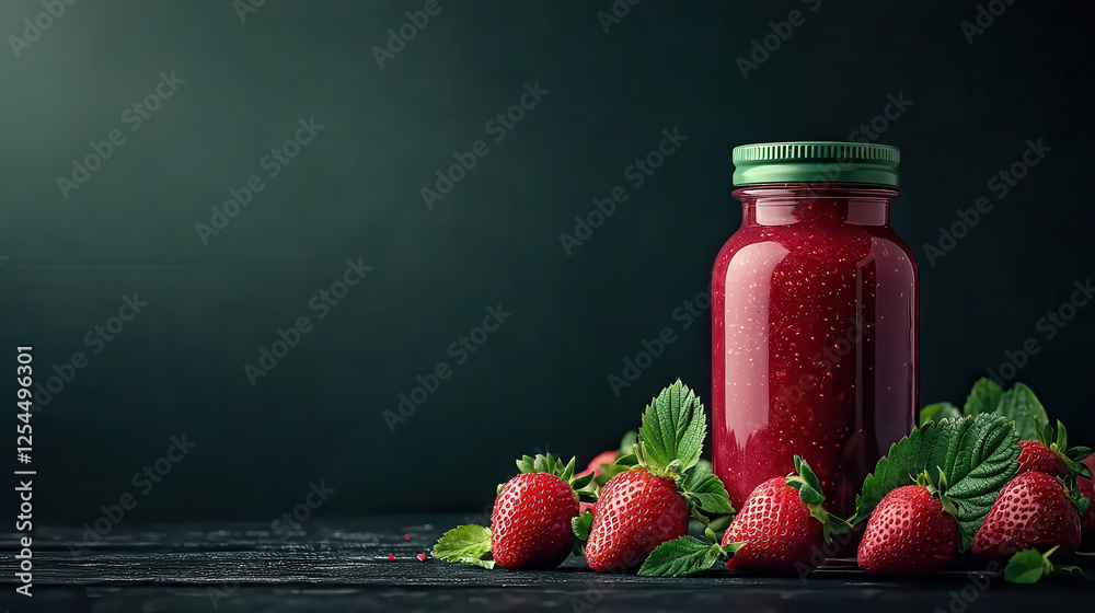 Poster jar of strawberry jam surrounded by fresh strawberries and mint leaves, creating vibrant and appetiz