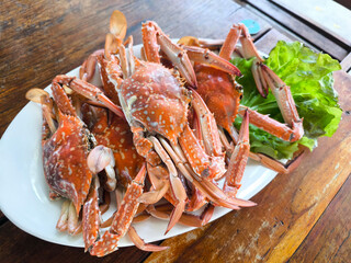 Steamed Blue crab with Lettuce  in a Bowl. Thai food