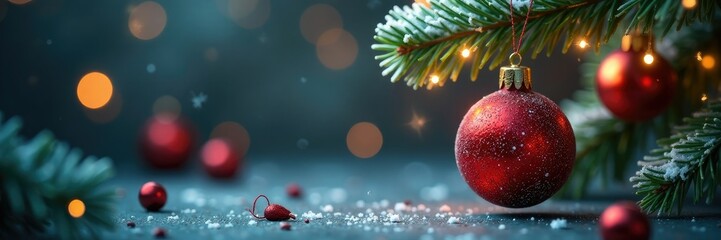 Glittering red bauble suspended from snowflake wreath, glitter, snowflake, baubles