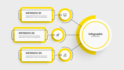 Business Central Circle Infographic Template with Yellow Color, 3 Options, Line and Icon. Suitable for Presentations, Process Diagram, Workflow