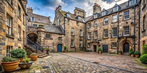 Naklejka premium Muted stone walls and worn cobblestone pave a secluded courtyard amidst ancient edifices in Edinburgh's historic Old Town , historic buildings, Scotland