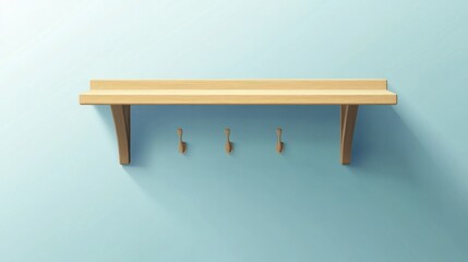 Wooden shelf with hooks on light blue wall, home decor