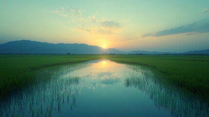 Fototapeta premium Serene Sunset Over Rice Paddies And Mountains
