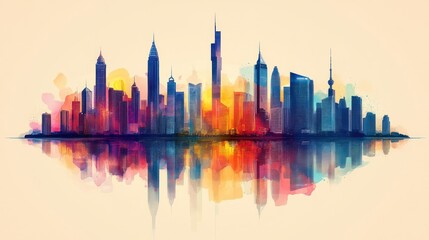 Obraz premium Vibrant watercolor cityscape skyline reflected in water.