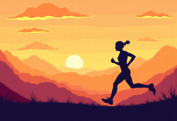 Female Runner Silhouette at Sunset, Mountain View