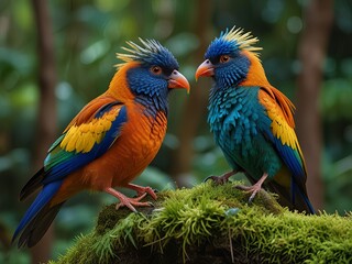 A pair of lovebirds setting in the nature of colorful macaw parrot birds are perched on a tree.  