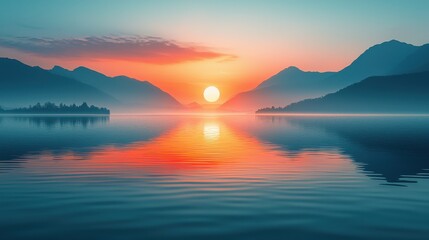 Fototapeta premium Serene Sunrise Over a Misty Mountain Lake