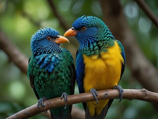 Fototapeta premium A pair of lovebirds setting in the nature of colorful macaw parrot birds are perched on a tree. 
