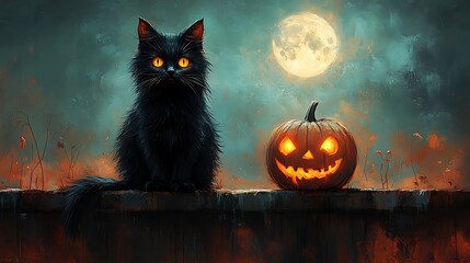 A mysterious black cat sitting on a crooked fence with glowing eyes under a spooky pumpkin moon
