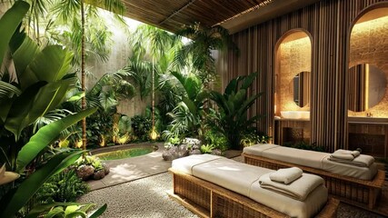 Tranquil Spa Oasis: Step into a serene world of relaxation and rejuvenation in this tranquil spa oasis. Lush greenery and natural light bathe the space in a calming glow.