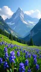 Majestic mountains meet the sky amidst a carpet of bluebells, serene, flowers, bluebells