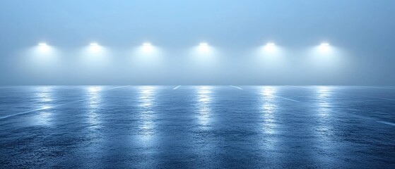 Obraz premium Empty parking lot with streetlights on a foggy night with wet asphalt reflecting light