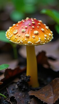 Marasmius siccus growing among decaying leaf litter, orange fungus, fungi, mushroom marasmius siccus