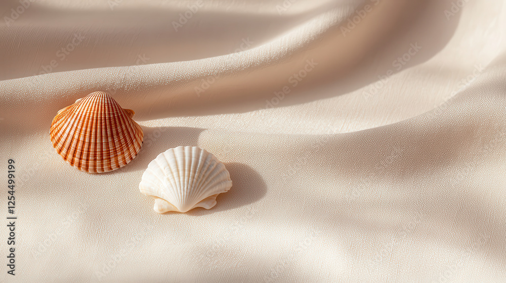 Poster Minimalist composition featuring two seashells on soft fabric, creating serene and calming atmosphere. light brown and white shells contrast beautifully against smooth background
