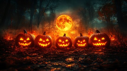 Obraz premium A group of glowing jack o lanterns casting long shadows under a mysterious pumpkin moon
