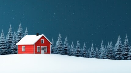 Red cabin winter snow night forest holiday card