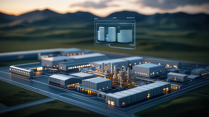 modern large scale industrial facility with advanced technology and data visualization, showcasing complex network of buildings and machinery in scenic landscape