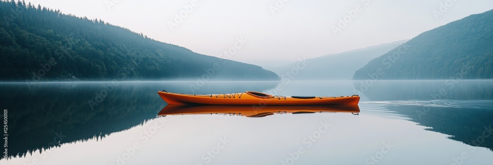 Poster lone kayak resting on a serene mountain lake under soft morning light in a peaceful natural setting.