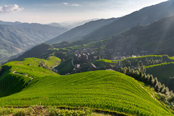 Obraz premium Yaoshan Mountain, Guilin, China hillside rice terraces landscape, sunset light
