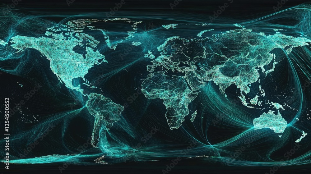Poster global network visualization with bright data flow lines and map