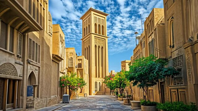 Charming street in historic neighborhood featuring a traditional wind tower under a vibrant sky